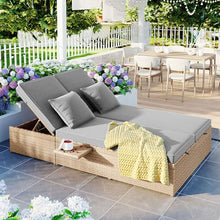SRECELL Outdoor Double Sunbed, 2-Person Wicker Rattan Patio Daybed with Adjustable Backrest & Seat, Cushioned Reclining Chaise Lounge with Cup Trays for Backyard, Garden, Poolside,(Yellow + Gray)