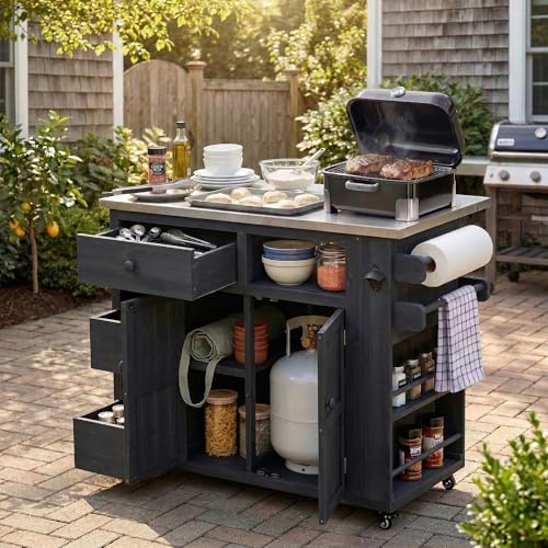 Merax Kitchen Island with Storage and Drop Leaf, Rolling Grill Cart with Stainless Steel Top, Drawers and Side Spice Rack,Outdoor Storage Cabinet for BBQ, Bar Patio Kitchen Island, Black