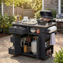 Merax Kitchen Island with Storage and Drop Leaf, Rolling Grill Cart with Stainless Steel Top, Drawers and Side Spice Rack,Outdoor Storage Cabinet for BBQ, Bar Patio Kitchen Island, Black