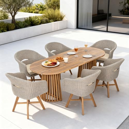 Christopher Knight Home Ambes 7 Piece Acacia Wood Outdoor Dining Set for 6, Patio Dining Table and Chair Set with Curved Rattan Backrest & Cushions, Outdoor Dining Table Set, Beige+Grey Ash+Brown
