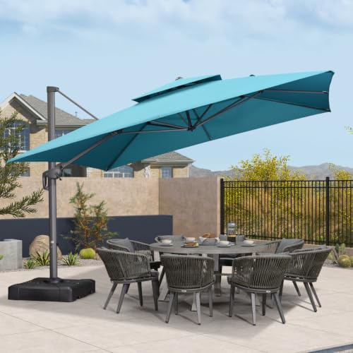 OROTLECT 12' x 12' Square Double Top Cantilever TiltIng Umbrella With Base And 360°Rotation,Turquoise Blue
