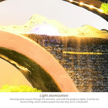 Indoor Outdoor Resin Fountain with LED Light Ring – Round Landscape Waterfall Feature with Pump, Bonsai & Gourd Decor – 6.07ft Tall Large Decorative Water Sculpture(A Large)(B Small)