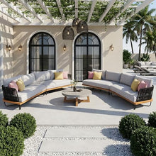 Christopher Knight Home Anna Patio Sofa Set with Cushions, Acacia Wood Patio Lounge Sofa with Woven Rope Back for 8 People, Outdoor Sofa Set, Spacious Seating Couch for Garden, Light Grey+Teak+Black