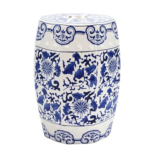 PAYUERHB Outdoor Glazed Hollow Imitation Blue & White Porcelain Drum Side Table, Chinese, Traditional, Asian, Ancient