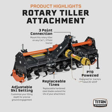 Titan Attachments 3 Point 60" Rotary Tiller Attachment Fits Cat 1 Tractors, Charcoal Finish, Single Speed PTO Driven Cultivator with a 540 RPM Gearbox, Replaceable L-Shaped Tines Work 5" Deep