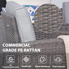 HTERWQEA Patio Furniture Set 4 Piece, Outdoor Wicker Conversation Set, Rattan Seating with Soft Cushions for Small Space Balcony Backyard Lawn, Tempered Glass Coffee Table