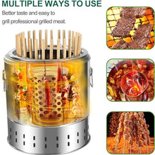 Smokeless Charcoal Smoker Barrel Grill Vertical Barbeque Hanging Stove Stainless Steel Split Oven with Kabob Skewers 360° All Round Roasting Barbecue Grill for Camping
