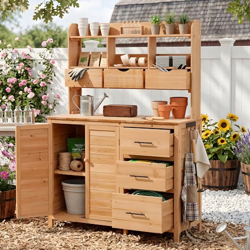 Merax Farmhouse Potting Bench with 6 Drawers, 44.6” Large Garden Workstation, Outdoor Kitchen Island with Bottom Cabinet & Hooks, Freestanding Patio Furniture,Natural Wood