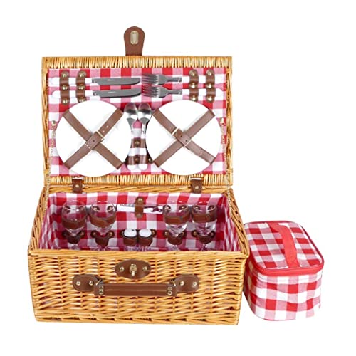 ZYBB Picnic Basket Wicker with Cutlery Insulation Bag Wine Glass Seasoning Bottle Large for 4 People 46X31x20cm