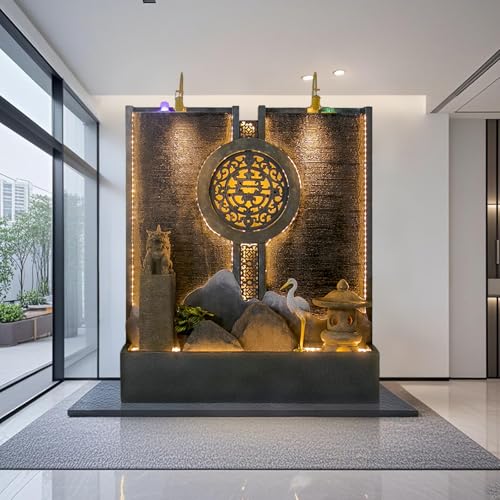 Indoor Outdoor Resin Zen Fountain Wall with Buddha & LED Lights, Large Water Feature with Circular Design, Landscape Decor with Pump, for Garden, Entryway & Living Room