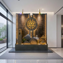 Indoor Outdoor Resin Zen Fountain Wall with LED Lights, Large Water Feature with Circular Design, Landscape Decor with Pump, for Garden, Entryway & Living Room,Spa(Stone Lion)