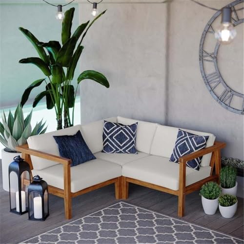 Afuera Living 3-Piece Patio Sectional Sofa, Solid Teak Wood, Natural and White Finish, Water and UV-Resistant Cushions, Machine Washable Covers, Slanted Back Design, Outdoor Seating Set