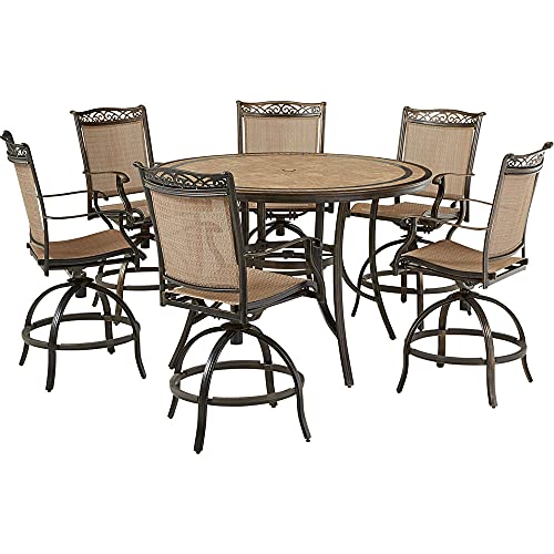 Hanover Fontana 7-Piece Outdoor High-Dining Patio Set with 6 Sling Swivel Chairs and Round Table, Tan/Bronze