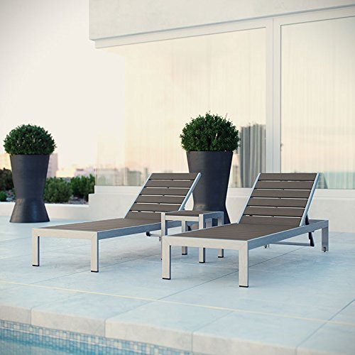 Modway Shore Aluminum Outdoor Patio Chaise Lounge Chairs and Side Table Grey