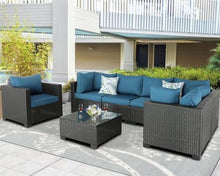 HTERWQEA 7‑Piece Wicker Patio Furniture Set Outdoor Couch Sectional Conversation Set with Glass Coffee Table and Cushions, All Weather Rattan Patio Furniture for Garden Poolside Backyard Porch