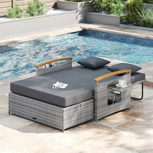 LDAILY Moccha Outdoor Wicker Daybed, Patio Rattan Loveseat Sofa w/ 4-Level Adjustable Backrest, Folding Panels, Storage Ottoman & Cushions, Lounge Furniture Set for Poolside Backyard Porch (Grey)