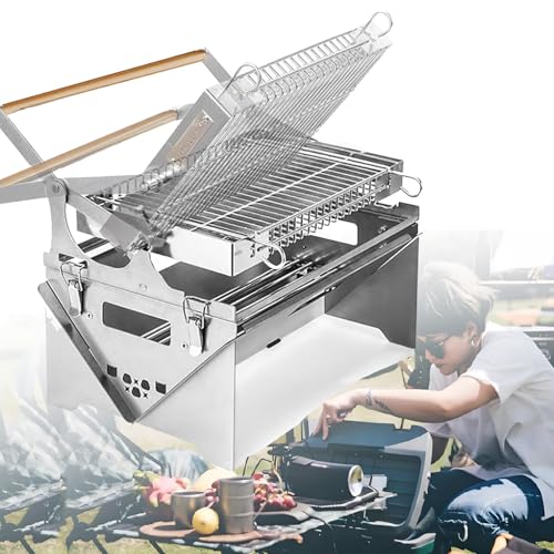Stainless Steel 360° Rotating Bbq Grill with Liftable Tray for Outdoor Cooking,Camping,Patio,and Park