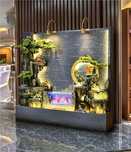 Outdoor Water Feature Indoor/Outdoor Large Water Fountain Wall, Lightweight Resin Fountain with LED Lights, Mist, Bonsai Trees with Fish Tank, Zen Decor(Yellow,Large)