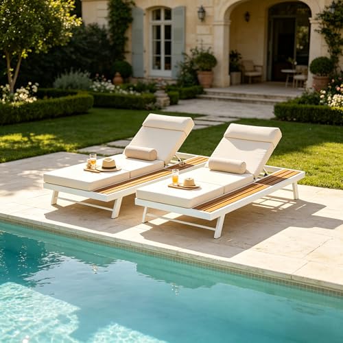 Merax 2 piece White Iron Teak Finish Chaise Lounge Set with 4" Thick 4-Fold Cushion with Headrest, 400 lbs Capacity, Adjustable Backrest with Flat Storage Surface for Patio, Poolside, Backyard, Beige