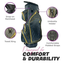 Taboo Fashions Women's Golf Bag Lightweight Ladies Cart Bag 14-Way 7 Zippered Pockets Rain Hood Insulated Beverage Compartment Black Gold