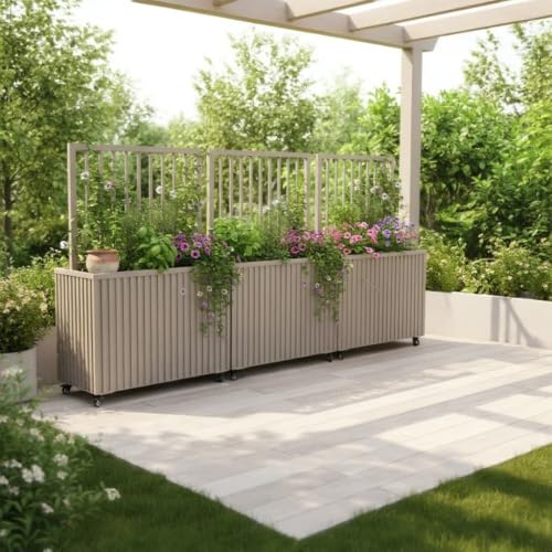 Hassyee Divider Planter with 4 Wheels and Trellis for Growing Flowers, Plants, Herbs, Outdoor Grey Raised Bed with Aluminium Frame for Porch, Lawn, Garden, Poolside