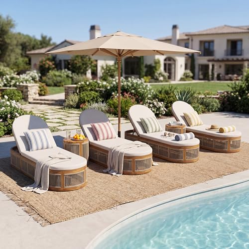 Merax 4-Piece Teak Finish Acacia Wood Chaise Lounge with Cream Cushion, 3-Position Adjustable Outdoor Patio Poolside Lounger Recliner, 400 lbs Weight Capacity, Water-Resistant 2-Fold Cushion