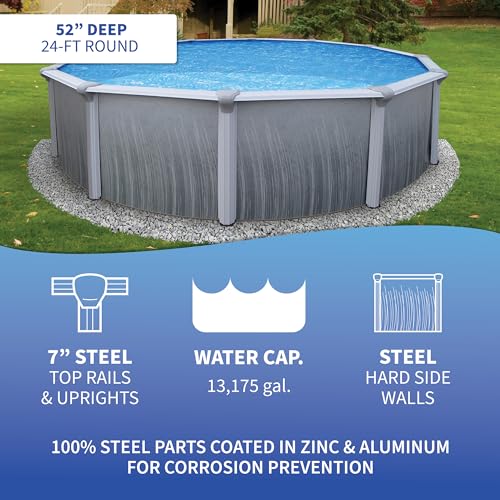 Blue Wave Martinique 24-Feet Round 52-Inch Deep 7-Inch Top Rail Metal Wall Swimming Pool Package Metallic