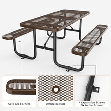 72" Heavy Duty Commercial Picnic Table, Outdoor Metal Picnic Table with Umbrella Hole, 1100 Lbs Capacity Table, Brown Weatherproof Park Bench Table for Garden Park School Restaurant Backyard
