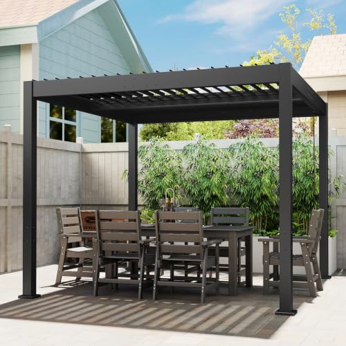 GREENVINES 10' x 10' Louvered Pergola | Outdoor Gazebo with Adjustable Top | Integrated Drainage System | Rustproof Hardtop Patio Roof | for Sun & Rain Shade | Deck Garden Backyard | Black
