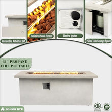 61 Inch Propane Gas Fire Pit Table, 60000 BTU Rectangular Concrete Patio Fireplace with Lid, Hidden Tank Holder, Side Storage, Electronic Ignition, Outdoor Heating Table for Backyard