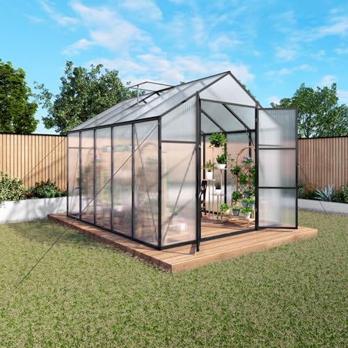 8x10 FT Greenhouse, Heavy Duty Polycarbonate Greenhouses for Outdoors with Thicken Sturdy Aluminum Frame, Large Walk-in Green House with Stakes, Ropes, Roof Vent, for Outside Garden Backyard, Black