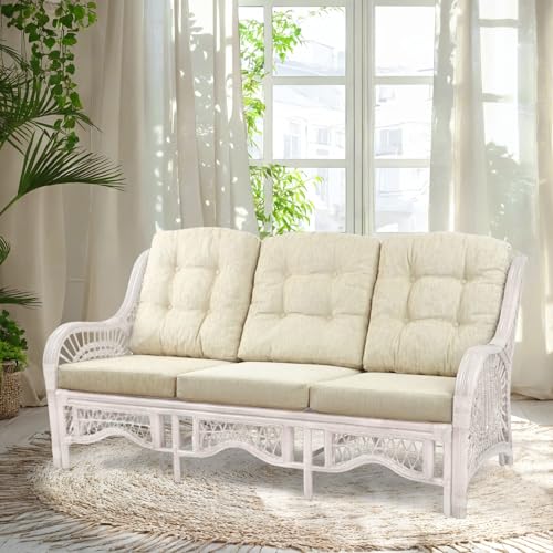 Wickerix Malibu Lounge Three-Seater Sofa Natural Rattan Wicker Handmade Design Cream Cushions, White