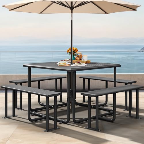 YITAHOME 37" Metal Picnic Table, Powder Coated Outdoor Picnic Table with Heavy-Duty Steel Frame, Adjustable Seats & Umbrella Hole for Yard, Patio, Lawn, Party, Black, Square