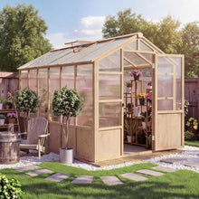 6x12 ft Wooden Walk-in Polycarbonate Greenhouse, Lockable Door, Brown