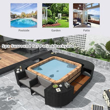 GDFStudio 105.5" x 105.5" Spa Surround Outdoor Patio Furniture Set, Quadrilateral Rattan Hot Tub Surround with Storage Cabinet, Wood & Cushioned Seats, Waterproof Cushions, Steel Frame, Grey