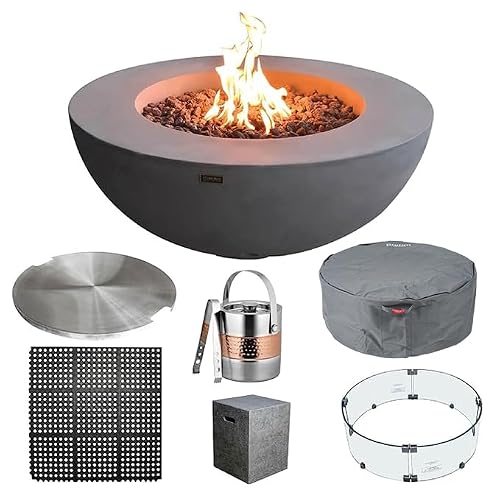 Elementi Lunar Bowl Fire Pit Bundle Outdoor Firepit Set Includes 42” Propane Concrete Firepit, Glass Windscreen, Stainless Steel Cover, Tank and Canvas Cover, Floor Mat, Ice Bucket