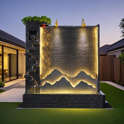 Outdoor Water Fountain with LED Light – Mountain View Decorative Water Feature for Garden, Patio, Yard, Balcony,Shop,Salon, Spa Decoration – Multi-Size Options Available (2526+2527)(2528)