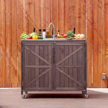 YATON Outdoor Grill Cart with 304 Stainless Steel Sink & Faucet, 40" Rolling BBQ Prep Table with Storage Cabinet & Locking Wheels, Wooden Outdoor Kitchen Island for Patio Backyard,Brown