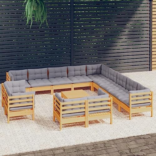 KPOTUERTU 14 Piece Patio Lounge Set with Gray Cushions Solid Pinewood