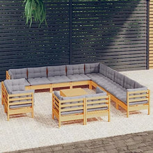 KPOTUERTU 14 Piece Patio Lounge Set with Gray Cushions Solid Pinewood