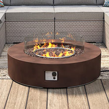 SUNBURY Outdoor Propane Burning Fire Pit, Circular Dark Brown Patio Fire Table 50,000 BTU w Lava Rocks, Glass Wind Guard, Waterproof Cover
