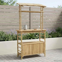 KGFHERENB Outdoor Bar Table Natural Bamboo High Top Pub Table with Roof and Storage Shelves, 43.3 x 19.7 x 82.7 Inches Tiki Bar Stand for Backyard Patio Garden Deck and Party