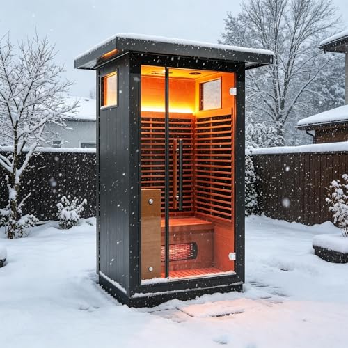 Gollense Outdoor Infrared Sauna 1-Person, Modern Design Canadian Hemlock & Black Aluminum Waterproof Shell, Wi-Fi Control, Full-Spectrum Infrared Panels, Ambient Light Strip, Speakers, Max 149°F