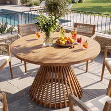 Christopher Knight Home Hachi Farmhouse Acacia Wood Round Dining Table, Patio Dining Room Table with Slatted Pedestal Base for Backyard/Garden, Heavy Duty Indoor/Outdoor Dining Table, Light Teak