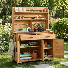 Outdoor Potting Bench Table with Storage Cabinet & Wheels, Wooden Garden Potting Table Workstation with Hutch, Drawers, Shelves & Hooks, Multifunctional Grill Cart for Patio Backyard
