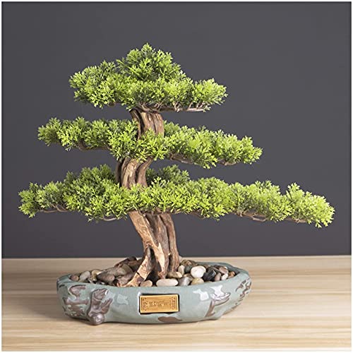 LSHAOBO Artificial Bonsai Tree Realistic Faux Bonsai Tree, Houseplant, Black Ceramic Round Pot and Pebbles Desktop Decoration Novelty Gifts(Color:B)
