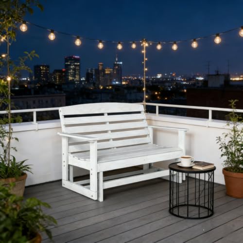 Spacious HDPE 2 Seater Patio Glider Bench w/Ergonomic Sloping Backrest & Slatted Seat for Garden, All Weather Outdoor Gliding Rocking Bench w/Durable HDPE Construction for Porch, Deck (White)
