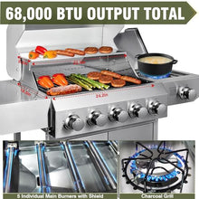 Bestfire 68,000 BTU 5 Burner Propane Gas Grill with Side Burner-Professional-Grade Stainless Steel Outdoor BBQ Grill-647 sq in Cooking Space&Porcelain Cast Iron Grrates-Patio Cart Design for Backyard
