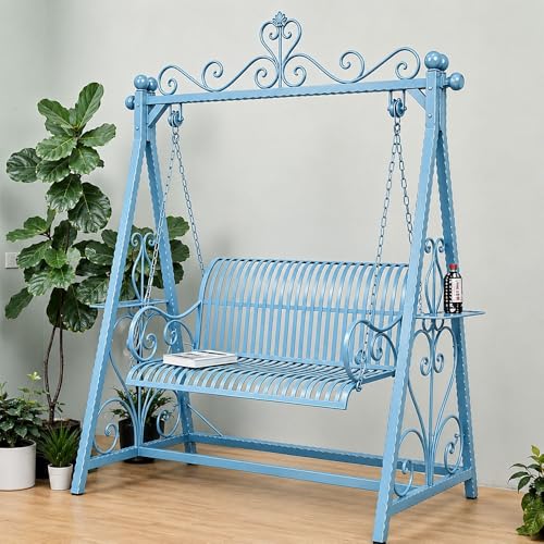 Double Patio Porch Swing, Wrought Iron Hammock Chair with Stand(Blue)