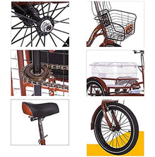 FGVDJ Adult Tricycle 16" Trike Cruiser Bike 1 Speed Cargo Cycling with Light & Basket Brown
